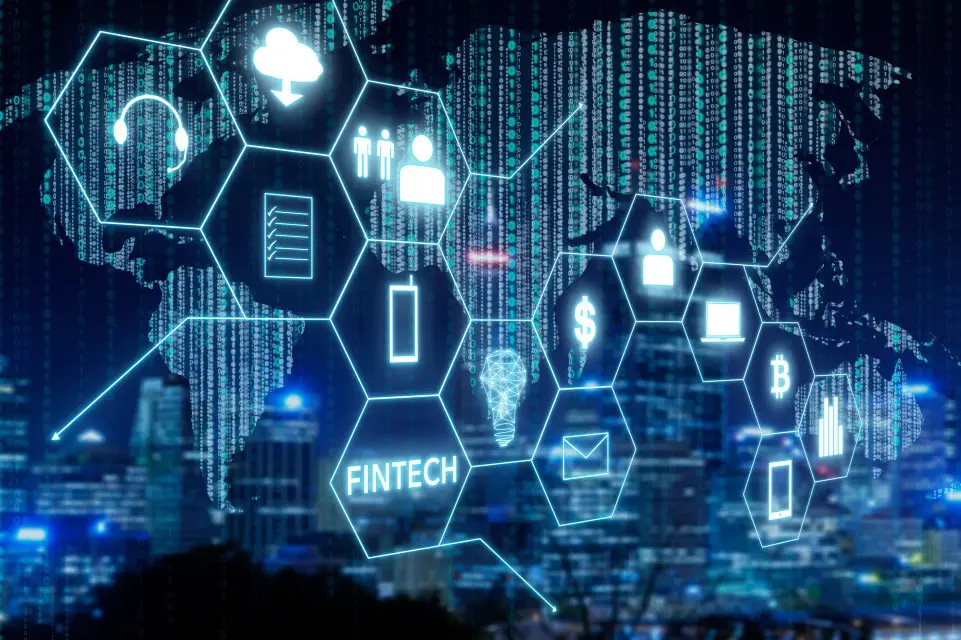 Fintech icon and internet of things with matrix code background
